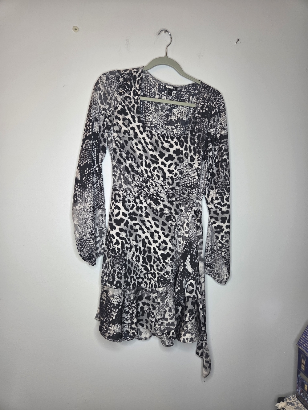 Express Long Sleeve Black & White Animal Print Wrap Dress, Size SP